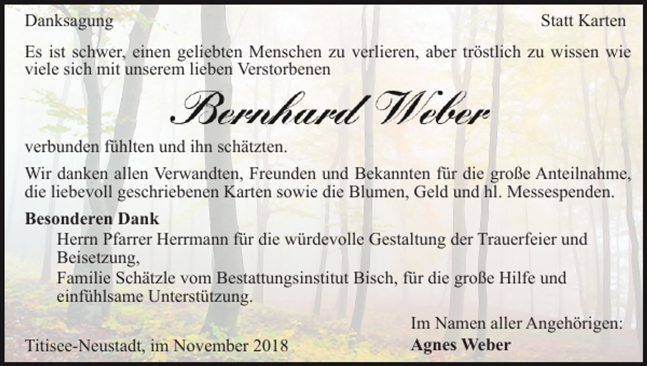 <p>Danksagung</p><p>Statt Karten</p><p>Es ist schwer, einen geliebten Menschen zu verlieren, aber tröstlich zu wissen wie<br />viele sich mit unserem lieben Verstorbenen</p><p>verbunden fühlten und ihn schätzten.<br />Wir danken allen Verwandten, Freunden und Bekannten für die große Anteilnahme,<br />die liebevoll geschriebenen Karten sowie die Blumen, Geld und hl. Messespenden.<br />Besonderen Dank<br />Herrn Pfarrer Herrmann für die würdevolle Gestaltung der Trauerfeier und<br />Beisetzung,<br />Familie Schätzle vom Bestattungsinstitut Bisch, für die große Hilfe und<br />einfühlsame Unterstützung.<br />Titisee-Neustadt, im November 2018</p><p>Im Namen aller Angehörigen:<br />Agnes Weber</p>