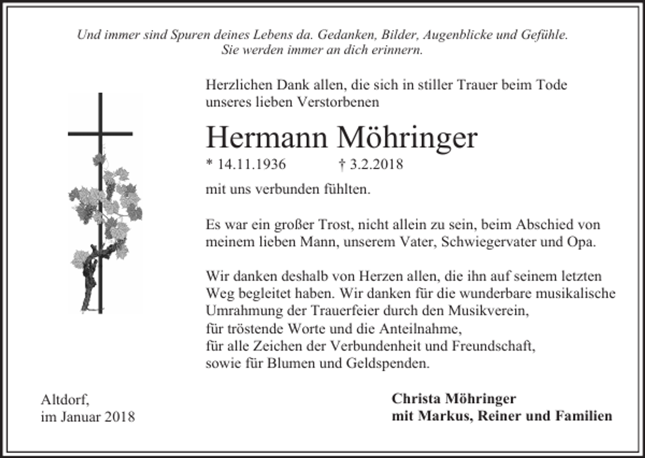 <p>Und immer sind Spuren deines Lebens da. Gedanken, Bilder, Augenblicke und Gefühle.<br />Sie werden immer an dich erinnern.</p><p>Herzlichen Dank allen, die sich in stiller Trauer beim Tode<br />unseres lieben Verstorbenen</p><p>Hermann Möhringer<br />* 14.11.1936</p><p>† 3.2.2018</p><p>mit uns verbunden fühlten.<br />Es war ein großer Trost, nicht allein zu sein, beim Abschied von<br />meinem lieben Mann, unserem Vater, Schwiegervater und Opa.<br />Wir danken deshalb von Herzen allen, die ihn auf seinem letzten<br />Weg begleitet haben. Wir danken für die wunderbare musikalische<br />Umrahmung der Trauerfeier durch den Musikverein,<br />für tröstende Worte und die Anteilnahme,<br />für alle Zeichen der Verbundenheit und Freundschaft,<br />sowie für Blumen und Geldspenden.<br />Altdorf,<br />im Januar 2018</p><p>Christa Möhringer<br />mit Markus, Reiner und Familien</p>