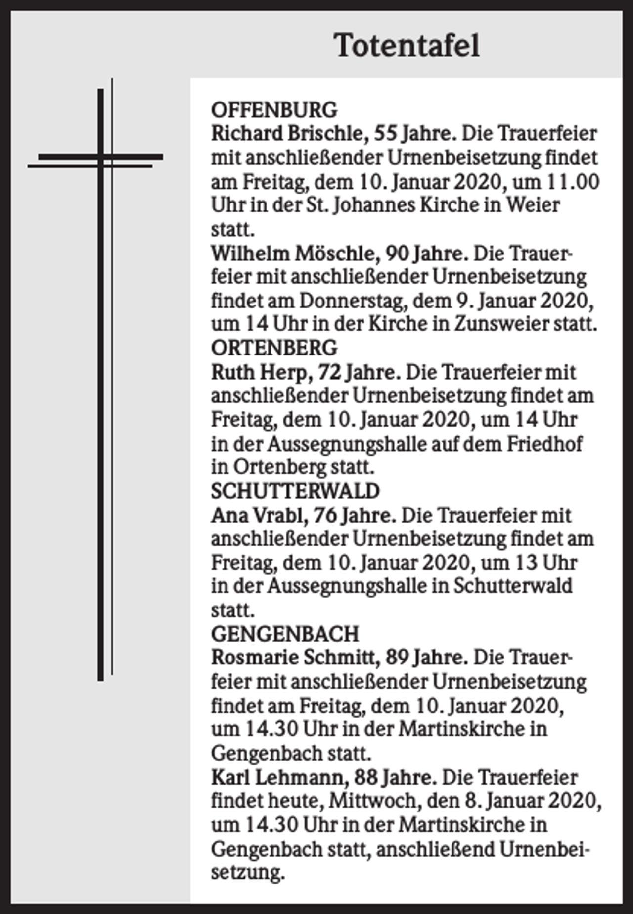 <p>Totentafel<br />OFFENBURG<br />Richard Brischle, 55 Jahre. Die Trauerfeier<br />mit anschließender Urnenbeisetzung findet<br />am Freitag, dem 10. Januar 2020, um 11.00<br />Uhr in der St. Johannes Kirche in Weier<br />statt.<br />Wilhelm Möschle, 90 Jahre. Die Trauerfeier mit anschließender Urnenbeisetzung<br />findet am Donnerstag, dem 9. Januar 2020,<br />um 14 Uhr in der Kirche in Zunsweier statt.<br />ORTENBERG<br />Ruth Herp, 72 Jahre. Die Trauerfeier mit<br />anschließender Urnenbeisetzung findet am<br />Freitag, dem 10. Januar 2020, um 14 Uhr<br />in der Aussegnungshalle auf dem Friedhof<br />in Ortenberg statt.<br />SCHUTTERWALD<br />Ana Vrabl, 76 Jahre. Die Trauerfeier mit<br />anschließender Urnenbeisetzung findet am<br />Freitag, dem 10. Januar 2020, um 13 Uhr<br />in der Aussegnungshalle in Schutterwald<br />statt.<br />GENGENBACH<br />Rosmarie Schmitt, 89 Jahre. Die Trauerfeier mit anschließender Urnenbeisetzung<br />findet am Freitag, dem 10. Januar 2020,<br />um 14.30 Uhr in der Martinskirche in<br />Gengenbach statt.<br />Karl Lehmann, 88 Jahre. Die Trauerfeier<br />findet heute, Mittwoch, den 8. Januar 2020,<br />um 14.30 Uhr in der Martinskirche in<br />Gengenbach statt, anschließend Urnenbeisetzung.</p>