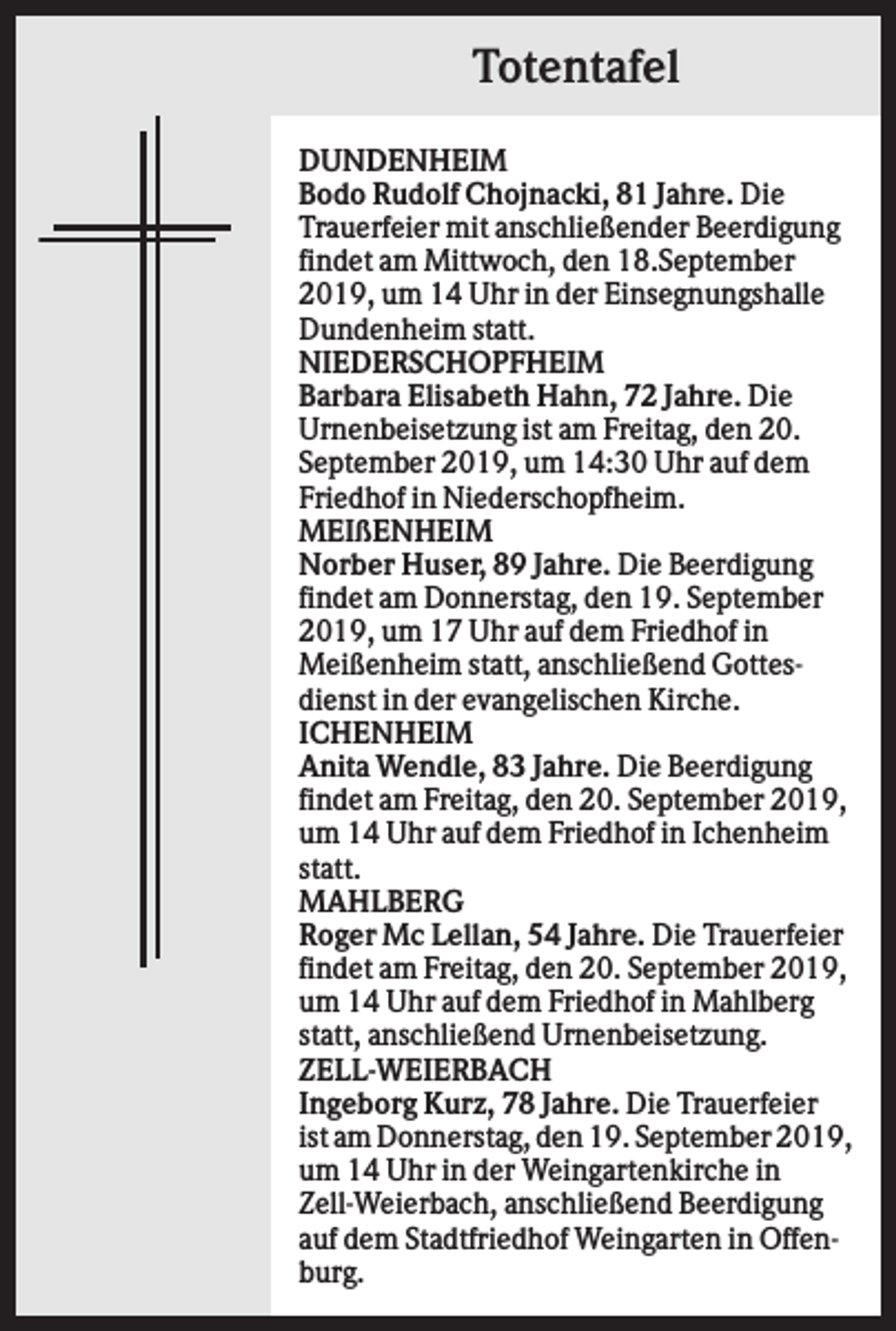 <p>Totentafel<br />DUNDENHEIM<br />Bodo Rudolf Chojnacki, 81 Jahre. Die<br />Trauerfeier mit anschließender Beerdigung<br />findet am Mittwoch, den 18.September<br />2019, um 14 Uhr in der Einsegnungshalle<br />Dundenheim statt.<br />NIEDERSCHOPFHEIM<br />Barbara Elisabeth Hahn, 72 Jahre. Die<br />Urnenbeisetzung ist am Freitag, den 20.<br />September 2019, um 14:30 Uhr auf dem<br />Friedhof in Niederschopfheim.<br />MEIßENHEIM<br />Norber Huser, 89 Jahre. Die Beerdigung<br />findet am Donnerstag, den 19. September<br />2019, um 17 Uhr auf dem Friedhof in<br />Meißenheim statt, anschließend Gottesdienst in der evangelischen Kirche.<br />ICHENHEIM<br />Anita Wendle, 83 Jahre. Die Beerdigung<br />findet am Freitag, den 20. September 2019,<br />um 14 Uhr auf dem Friedhof in Ichenheim<br />statt.<br />MAHLBERG<br />Roger Mc Lellan, 54 Jahre. Die Trauerfeier<br />findet am Freitag, den 20. September 2019,<br />um 14 Uhr auf dem Friedhof in Mahlberg<br />statt, anschließend Urnenbeisetzung.<br />ZELL-WEIERBACH<br />Ingeborg Kurz, 78 Jahre. Die Trauerfeier<br />ist am Donnerstag, den 19. September 2019,<br />um 14 Uhr in der Weingartenkirche in<br />Zell-Weierbach, anschließend Beerdigung<br />auf dem Stadtfriedhof Weingarten in Offenburg.</p>
