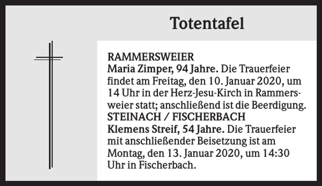 <p>Totentafel<br />RAMMERSWEIER<br />Maria Zimper, 94 Jahre. Die Trauerfeier<br />findet am Freitag, den 10. Januar 2020, um<br />14 Uhr in der Herz-Jesu-Kirch in Rammersweier statt; anschließend ist die Beerdigung.<br />STEINACH / FISCHERBACH<br />Klemens Streif, 54 Jahre. Die Trauerfeier<br />mit anschließender Beisetzung ist am<br />Montag, den 13. Januar 2020, um 14:30<br />Uhr in Fischerbach.</p>