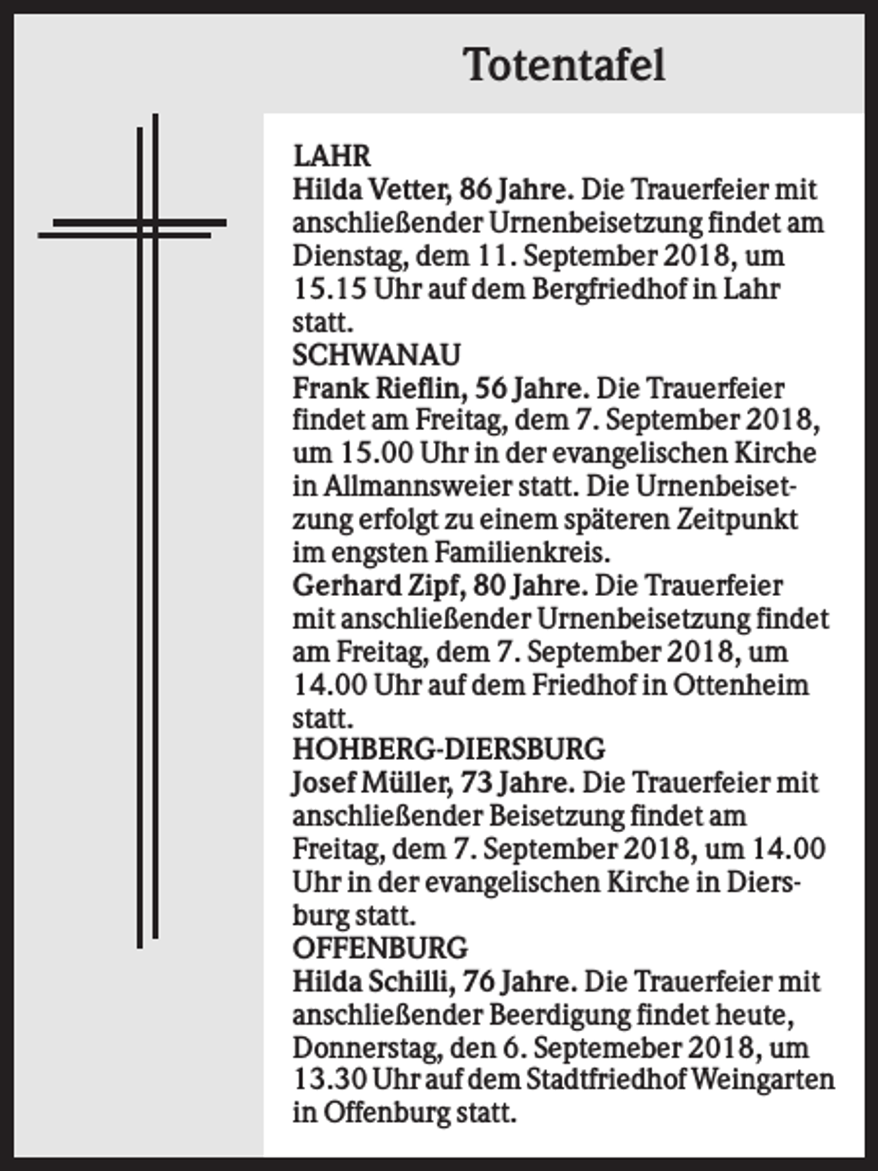 <p>Totentafel<br />LAHR<br />Hilda Vetter, 86 Jahre. Die Trauerfeier mit<br />anschließender Urnenbeisetzung findet am<br />Dienstag, dem 11. September 2018, um<br />15.15 Uhr auf dem Bergfriedhof in Lahr<br />statt.<br />SCHWANAU<br />Frank Rieflin, 56 Jahre. Die Trauerfeier<br />findet am Freitag, dem 7. September 2018,<br />um 15.00 Uhr in der evangelischen Kirche<br />in Allmannsweier statt. Die Urnenbeisetzung erfolgt zu einem späteren Zeitpunkt<br />im engsten Familienkreis.<br />Gerhard Zipf, 80 Jahre. Die Trauerfeier<br />mit anschließender Urnenbeisetzung findet<br />am Freitag, dem 7. September 2018, um<br />14.00 Uhr auf dem Friedhof in Ottenheim<br />statt.<br />HOHBERG-DIERSBURG<br />Josef Müller, 73 Jahre. Die Trauerfeier mit<br />anschließender Beisetzung findet am<br />Freitag, dem 7. September 2018, um 14.00<br />Uhr in der evangelischen Kirche in Diersburg statt.<br />OFFENBURG<br />Hilda Schilli, 76 Jahre. Die Trauerfeier mit<br />anschließender Beerdigung findet heute,<br />Donnerstag, den 6. Septemeber 2018, um<br />13.30 Uhr auf dem Stadtfriedhof Weingarten<br />in Offenburg statt.</p>
