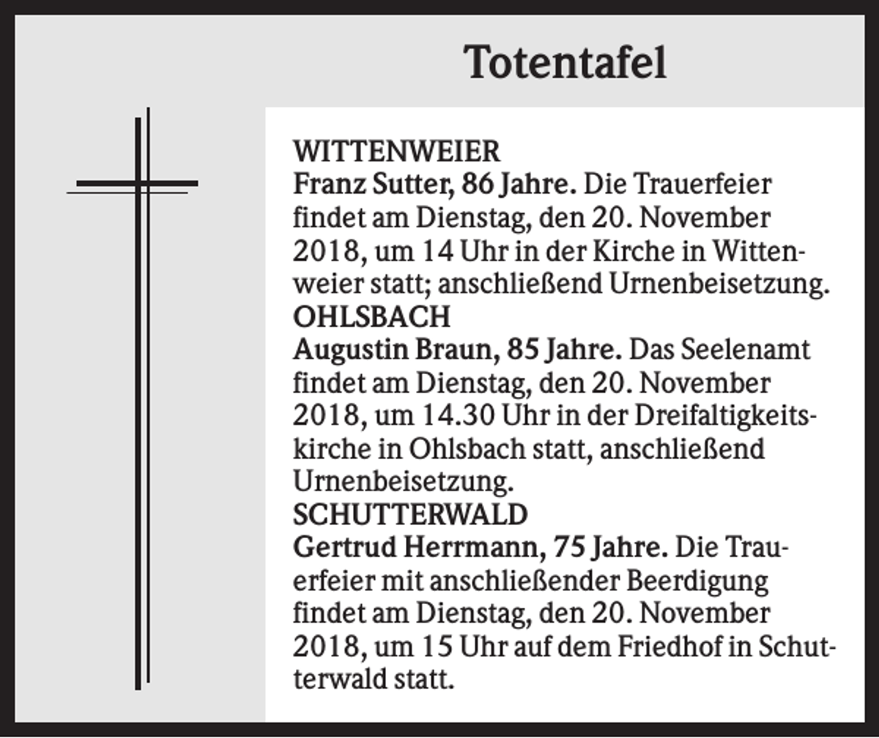 <p>Totentafel<br />WITTENWEIER<br />Franz Sutter, 86 Jahre. Die Trauerfeier<br />findet am Dienstag, den 20. November<br />2018, um 14 Uhr in der Kirche in Wittenweier statt; anschließend Urnenbeisetzung.<br />OHLSBACH<br />Augustin Braun, 85 Jahre. Das Seelenamt<br />findet am Dienstag, den 20. November<br />2018, um 14.30 Uhr in der Dreifaltigkeitskirche in Ohlsbach statt, anschließend<br />Urnenbeisetzung.<br />SCHUTTERWALD<br />Gertrud Herrmann, 75 Jahre. Die Trauerfeier mit anschließender Beerdigung<br />findet am Dienstag, den 20. November<br />2018, um 15 Uhr auf dem Friedhof in Schutterwald statt.</p>