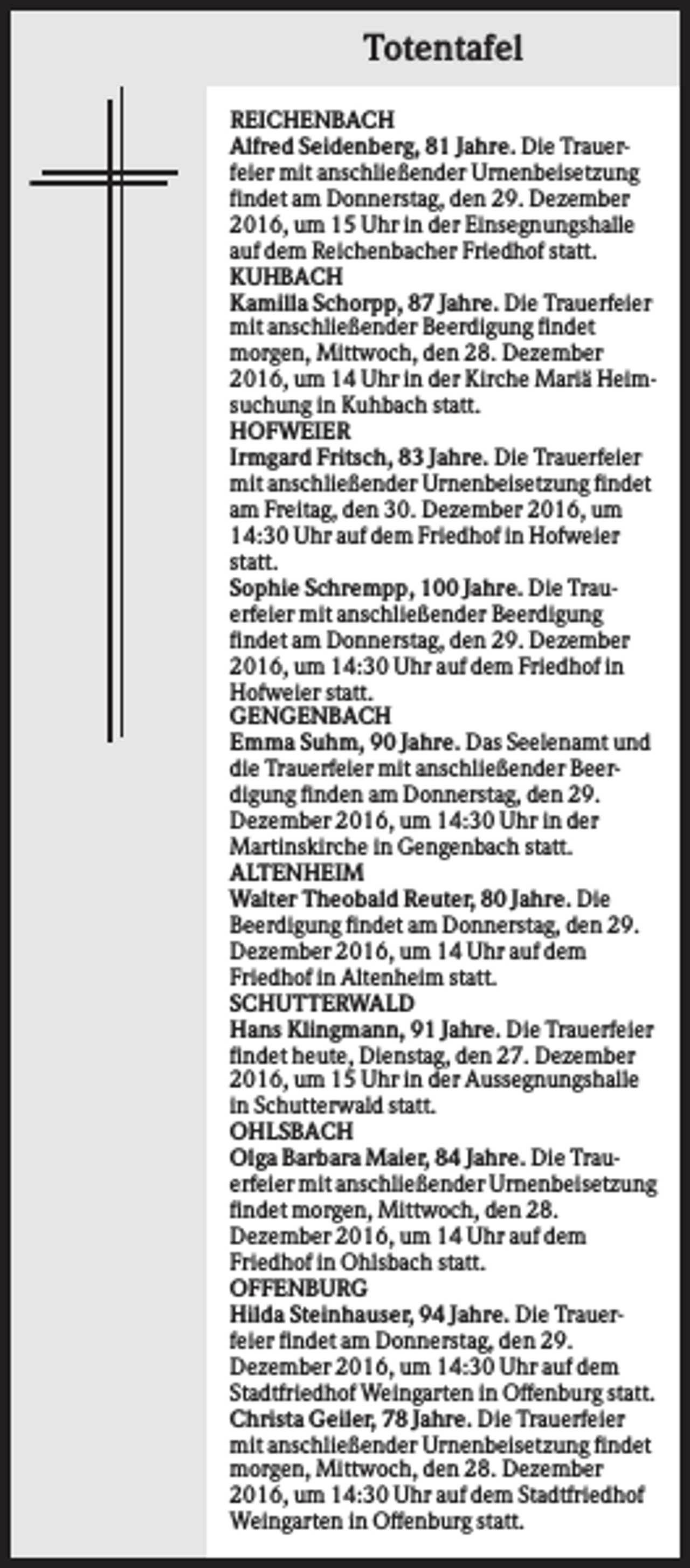<p>Totentafel<br />REICHENBACH<br />Alfred Seidenberg, 81 Jahre. Die Trauerfeier mit anschließender Urnenbeisetzung<br />findet am Donnerstag, den 29. Dezember<br />2016, um 15 Uhr in der Einsegnungshalle<br />auf dem Reichenbacher Friedhof statt.<br />KUHBACH<br />Kamilla Schorpp, 87 Jahre. Die Trauerfeier<br />mit anschließender Beerdigung findet<br />morgen, Mittwoch, den 28. Dezember<br />2016, um 14 Uhr in der Kirche Mariä Heimsuchung in Kuhbach statt.<br />HOFWEIER<br />Irmgard Fritsch, 83 Jahre. Die Trauerfeier<br />mit anschließender Urnenbeisetzung findet<br />am Freitag, den 30. Dezember 2016, um<br />14:30 Uhr auf dem Friedhof in Hofweier<br />statt.<br />Sophie Schrempp, 100 Jahre. Die Trauerfeier mit anschließender Beerdigung<br />findet am Donnerstag, den 29. Dezember<br />2016, um 14:30 Uhr auf dem Friedhof in<br />Hofweier statt.<br />GENGENBACH<br />Emma Suhm, 90 Jahre. Das Seelenamt und<br />die Trauerfeier mit anschließender Beerdigung finden am Donnerstag, den 29.<br />Dezember 2016, um 14:30 Uhr in der<br />Martinskirche in Gengenbach statt.<br />ALTENHEIM<br />Walter Theobald Reuter, 80 Jahre. Die<br />Beerdigung findet am Donnerstag, den 29.<br />Dezember 2016, um 14 Uhr auf dem<br />Friedhof in Altenheim statt.<br />SCHUTTERWALD<br />Hans Klingmann, 91 Jahre. Die Trauerfeier<br />findet heute, Dienstag, den 27. Dezember<br />2016, um 15 Uhr in der Aussegnungshalle<br />in Schutterwald statt.<br />OHLSBACH<br />Olga Barbara Maier, 84 Jahre. Die Trauerfeier mit anschließender Urnenbeisetzung<br />findet morgen, Mittwoch, den 28.<br />Dezember 2016, um 14 Uhr auf dem<br />Friedhof in Ohlsbach statt.<br />OFFENBURG<br />Hilda Steinhauser, 94 Jahre. Die Trauerfeier findet am Donnerstag, den 29.<br />Dezember 2016, um 14:30 Uhr auf dem<br />Stadtfriedhof Weingarten in Offenburg statt.<br />Christa Geiler, 78 Jahre. Die Trauerfeier<br />mit anschließender Urnenbeisetzung findet<br />morgen, Mittwoch, den 28. Dezember<br />2016, um 14:30 Uhr auf dem Stadtfriedhof<br />Weingarten in Offenburg statt.</p>