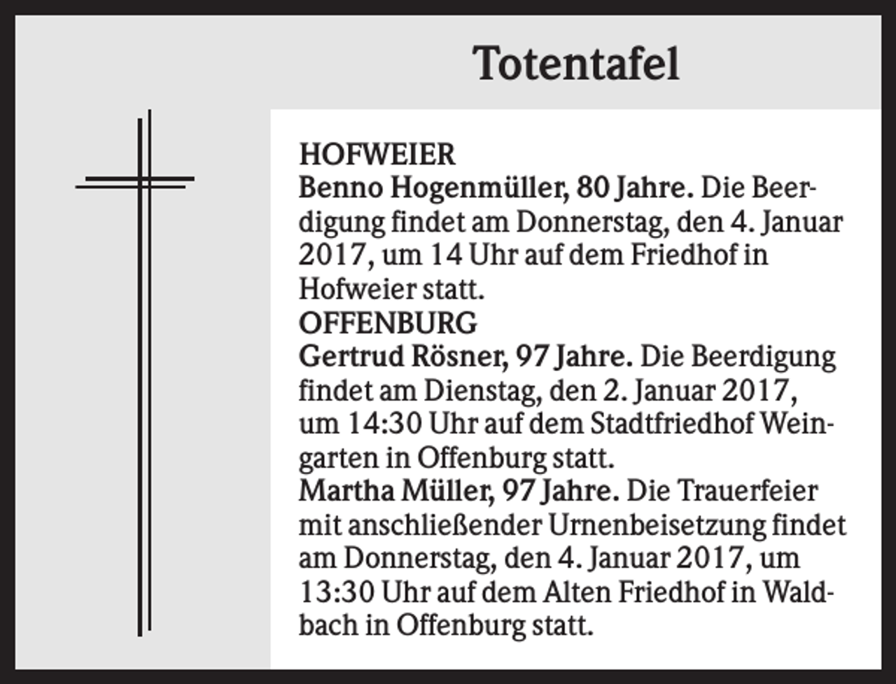 <p>Totentafel<br />HOFWEIER<br />Benno Hogenmüller, 80 Jahre. Die Beerdigung findet am Donnerstag, den 4. Januar<br />2017, um 14 Uhr auf dem Friedhof in<br />Hofweier statt.<br />OFFENBURG<br />Gertrud Rösner, 97 Jahre. Die Beerdigung<br />findet am Dienstag, den 2. Januar 2017,<br />um 14:30 Uhr auf dem Stadtfriedhof Weingarten in Offenburg statt.<br />Martha Müller, 97 Jahre. Die Trauerfeier<br />mit anschließender Urnenbeisetzung findet<br />am Donnerstag, den 4. Januar 2017, um<br />13:30 Uhr auf dem Alten Friedhof in Waldbach in Offenburg statt.</p>