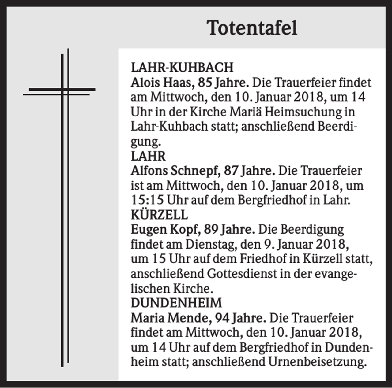<p>Totentafel<br />LAHR-KUHBACH<br />Alois Haas, 85 Jahre. Die Trauerfeier findet<br />am Mittwoch, den 10. Januar 2018, um 14<br />Uhr in der Kirche Mariä Heimsuchung in<br />Lahr-Kuhbach statt; anschließend Beerdigung.<br />LAHR<br />Alfons Schnepf, 87 Jahre. Die Trauerfeier<br />ist am Mittwoch, den 10. Januar 2018, um<br />15:15 Uhr auf dem Bergfriedhof in Lahr.<br />KÜRZELL<br />Eugen Kopf, 89 Jahre. Die Beerdigung<br />findet am Dienstag, den 9. Januar 2018,<br />um 15 Uhr auf dem Friedhof in Kürzell statt,<br />anschließend Gottesdienst in der evangelischen Kirche.<br />DUNDENHEIM<br />Maria Mende, 94 Jahre. Die Trauerfeier<br />findet am Mittwoch, den 10. Januar 2018,<br />um 14 Uhr auf dem Bergfriedhof in Dundenheim statt; anschließend Urnenbeisetzung.</p>