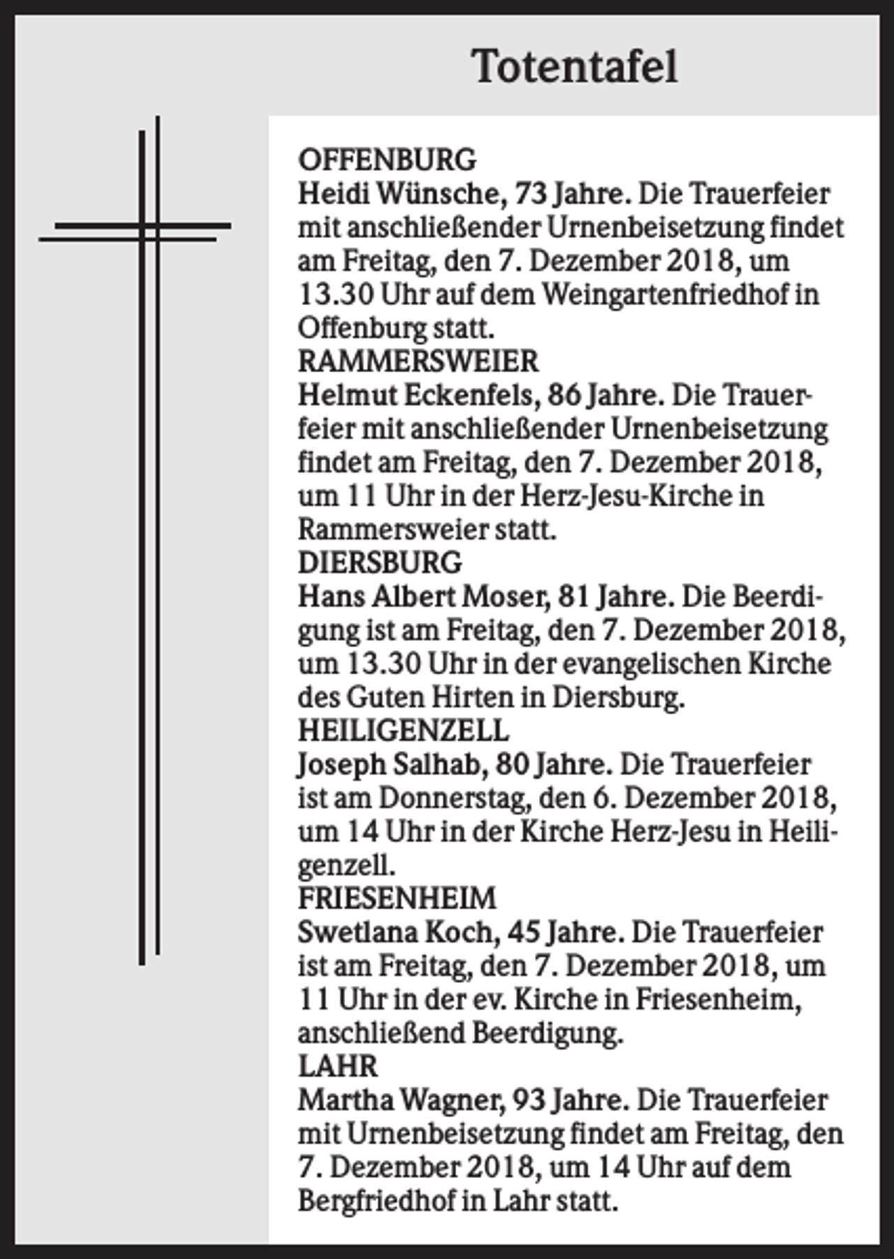 <p>Totentafel<br />OFFENBURG<br />Heidi Wünsche, 73 Jahre. Die Trauerfeier<br />mit anschließender Urnenbeisetzung findet<br />am Freitag, den 7. Dezember 2018, um<br />13.30 Uhr auf dem Weingartenfriedhof in<br />Offenburg statt.<br />RAMMERSWEIER<br />Helmut Eckenfels, 86 Jahre. Die Trauerfeier mit anschließender Urnenbeisetzung<br />findet am Freitag, den 7. Dezember 2018,<br />um 11 Uhr in der Herz-Jesu-Kirche in<br />Rammersweier statt.<br />DIERSBURG<br />Hans Albert Moser, 81 Jahre. Die Beerdigung ist am Freitag, den 7. Dezember 2018,<br />um 13.30 Uhr in der evangelischen Kirche<br />des Guten Hirten in Diersburg.<br />HEILIGENZELL<br />Joseph Salhab, 80 Jahre. Die Trauerfeier<br />ist am Donnerstag, den 6. Dezember 2018,<br />um 14 Uhr in der Kirche Herz-Jesu in Heiligenzell.<br />FRIESENHEIM<br />Swetlana Koch, 45 Jahre. Die Trauerfeier<br />ist am Freitag, den 7. Dezember 2018, um<br />11 Uhr in der ev. Kirche in Friesenheim,<br />anschließend Beerdigung.<br />LAHR<br />Martha Wagner, 93 Jahre. Die Trauerfeier<br />mit Urnenbeisetzung findet am Freitag, den<br />7. Dezember 2018, um 14 Uhr auf dem<br />Bergfriedhof in Lahr statt.</p>
