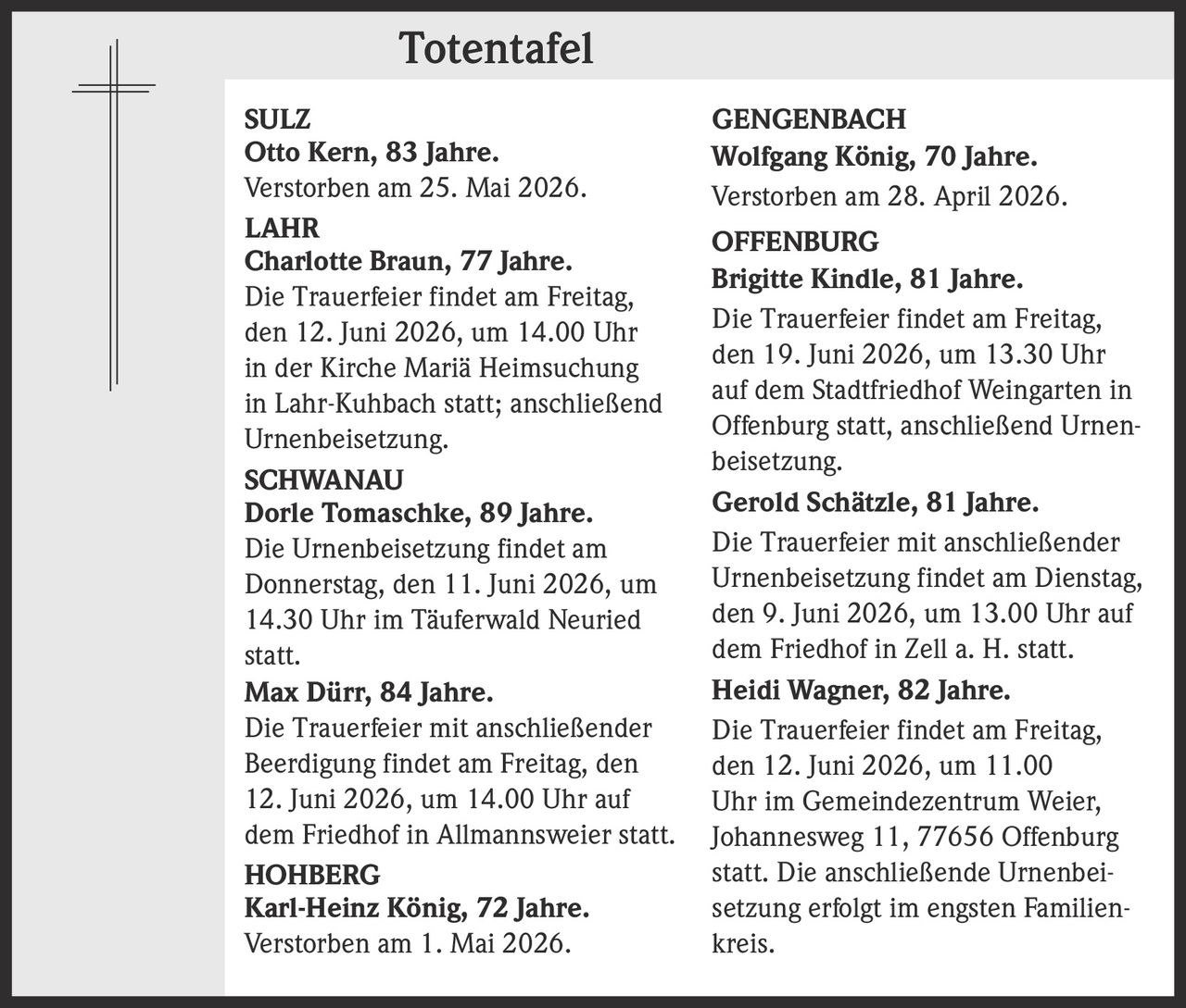 <strong>Otto Kern, 83 Jahre.</strong><br>Verstorben am 25. Mai 2026.