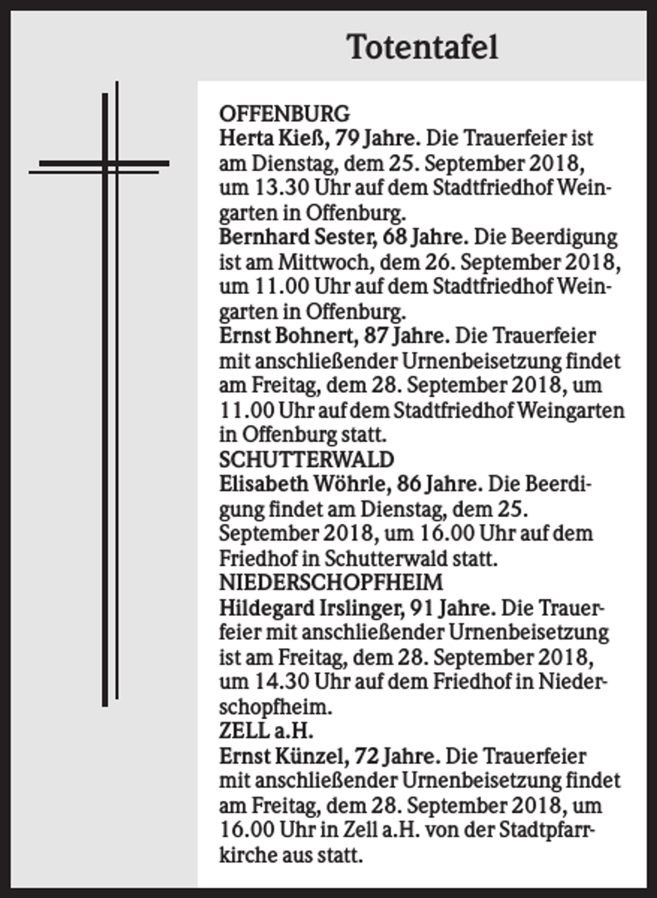 <p>Totentafel<br />OFFENBURG<br />Herta Kieß, 79 Jahre. Die Trauerfeier ist<br />am Dienstag, dem 25. September 2018,<br />um 13.30 Uhr auf dem Stadtfriedhof Weingarten in Offenburg.<br />Bernhard Sester, 68 Jahre. Die Beerdigung<br />ist am Mittwoch, dem 26. September 2018,<br />um 11.00 Uhr auf dem Stadtfriedhof Weingarten in Offenburg.<br />Ernst Bohnert, 87 Jahre. Die Trauerfeier<br />mit anschließender Urnenbeisetzung findet<br />am Freitag, dem 28. September 2018, um<br />11.00 Uhr auf dem Stadtfriedhof Weingarten<br />in Offenburg statt.<br />SCHUTTERWALD<br />Elisabeth Wöhrle, 86 Jahre. Die Beerdigung findet am Dienstag, dem 25.<br />September 2018, um 16.00 Uhr auf dem<br />Friedhof in Schutterwald statt.<br />NIEDERSCHOPFHEIM<br />Hildegard Irslinger, 91 Jahre. Die Trauerfeier mit anschließender Urnenbeisetzung<br />ist am Freitag, dem 28. September 2018,<br />um 14.30 Uhr auf dem Friedhof in Niederschopfheim.<br />ZELL a.H.<br />Ernst Künzel, 72 Jahre. Die Trauerfeier<br />mit anschließender Urnenbeisetzung findet<br />am Freitag, dem 28. September 2018, um<br />16.00 Uhr in Zell a.H. von der Stadtpfarrkirche aus statt.</p>