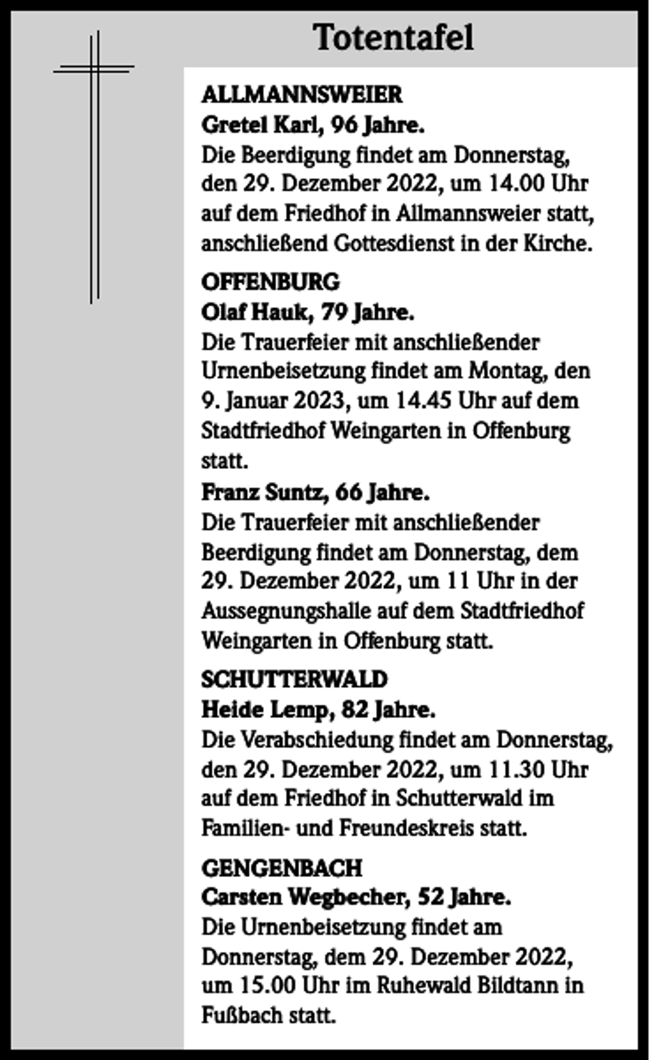 <p>Totentafel<br />Totentafel<br />ALLMANNSWEIER<br />Gretel Karl, 96 Jahre.<br />Die Beerdigung findet am Donnerstag,<br />den 29. Dezember 2022, um 14.00 Uhr<br />auf dem Friedhof in Allmannsweier statt,<br />anschließend Gottesdienst in der Kirche.<br />OFFENBURG<br />Olaf Hauk, 79 Jahre.<br />Die Trauerfeier mit anschließender<br />Urnenbeisetzung findet am Montag, den<br />9. Januar 2023, um 14.45 Uhr auf dem<br />Stadtfriedhof Weingarten in Offenburg<br />statt.<br />Franz Suntz, 66 Jahre.<br />Die Trauerfeier mit anschließender<br />Beerdigung findet am Donnerstag, dem<br />29. Dezember 2022, um 11 Uhr in der<br />Aussegnungshalle auf dem Stadtfriedhof<br />Weingarten in Offenburg statt.<br />SCHUTTERWALD<br />Heide Lemp, 82 Jahre.<br />Die Verabschiedung findet am Donnerstag,<br />den 29. Dezember 2022, um 11.30 Uhr<br />auf dem Friedhof in Schutterwald im<br />Familien- und Freundeskreis statt.<br />GENGENBACH<br />Carsten Wegbecher, 52 Jahre.<br />Die Urnenbeisetzung findet am<br />Donnerstag, dem 29. Dezember 2022,<br />um 15.00 Uhr im Ruhewald Bildtann in<br />Fußbach statt.</p>