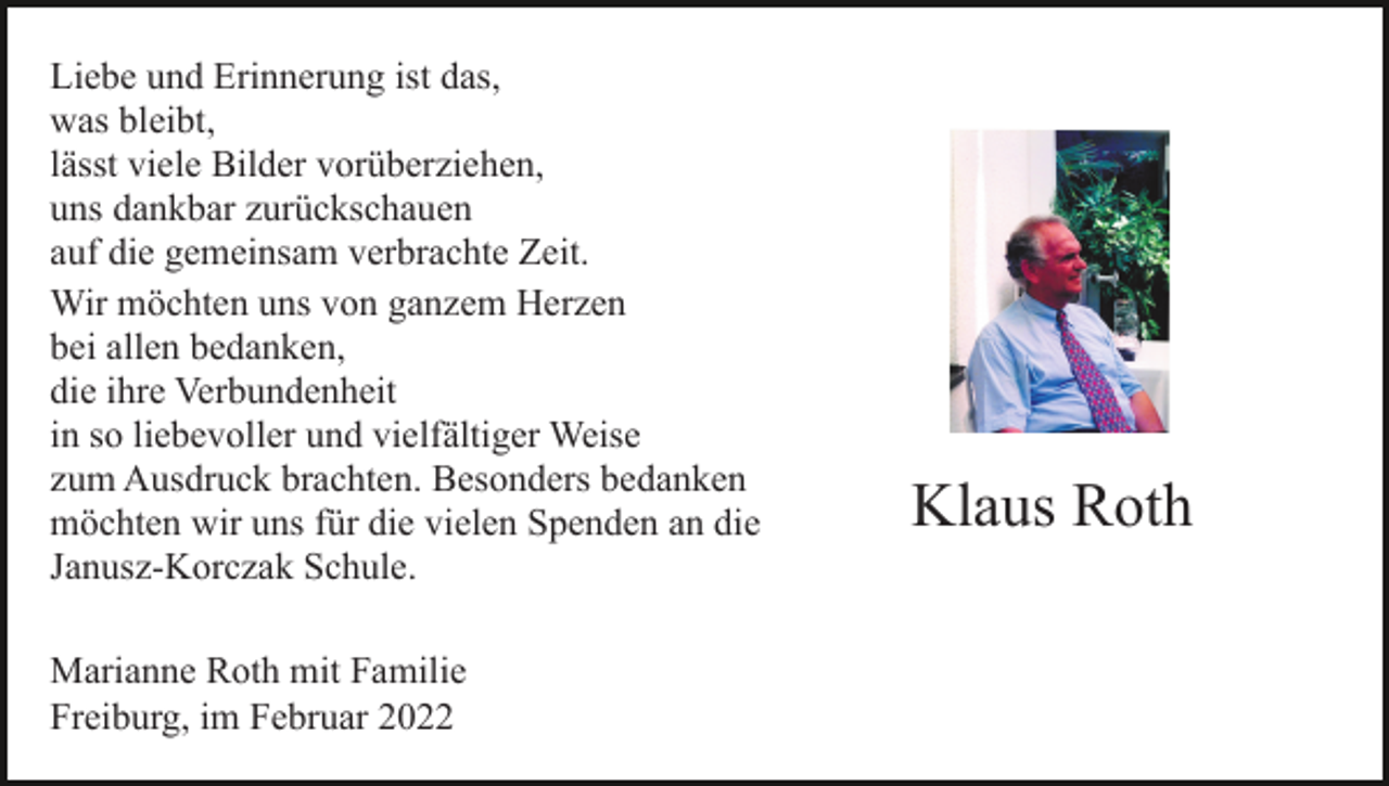 Klaus Roth | Traueranzeigen, Nachrufe & Danksagungen auf BZtrauer.de