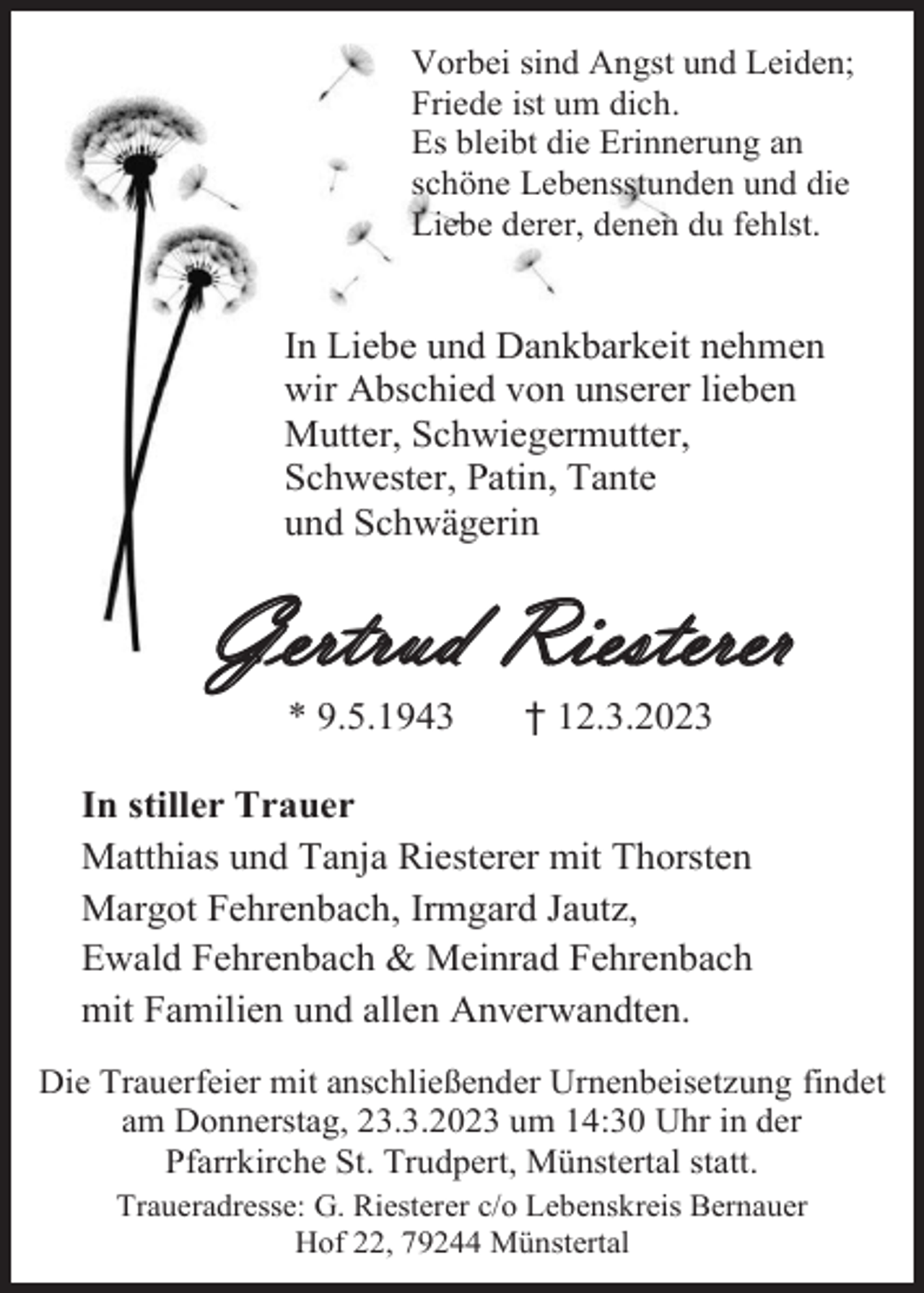 <p>Vorbei sind Angst und Leiden;<br />Friede ist um dich.<br />Es bleibt die Erinnerung an<br />schöne Lebensstunden und die<br />Liebe derer, denen du fehlst.</p><p>In Liebe und Dankbarkeit nehmen<br />wir Abschied von unserer lieben<br />Mutter, Schwiegermutter,<br />Schwester, Patin, Tante<br />und Schwägerin</p><p>Gertrud Riesterer<br />* 9.5.1943</p><p>† 12.3.2023</p><p>In stiller Trauer<br />Matthias und Tanja Riesterer mit Thorsten<br />Margot Fehrenbach, Irmgard Jautz,<br />Ewald Fehrenbach &amp; Meinrad Fehrenbach<br />mit Familien und allen Anverwandten.<br />Die Trauerfeier mit anschließender Urnenbeisetzung findet<br />am Donnerstag, 23.3.2023 um 14:30 Uhr in der<br />Pfarrkirche St. Trudpert, Münstertal statt.<br />Traueradresse: G. Riesterer c/o Lebenskreis Bernauer<br />Hof 22, 79244 Münstertal</p>