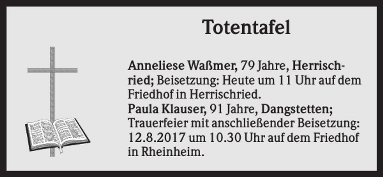 <p>Totentafel<br />Anneliese Waßmer, 79 Jahre, Herrischried; Beisetzung: Heute um 11 Uhr auf dem<br />Friedhof in Herrischried.<br />Paula Klauser, 91 Jahre, Dangstetten;<br />Trauerfeier mit anschließender Beisetzung:<br />12.8.2017 um 10.30 Uhr auf dem Friedhof<br />in Rheinheim.</p>