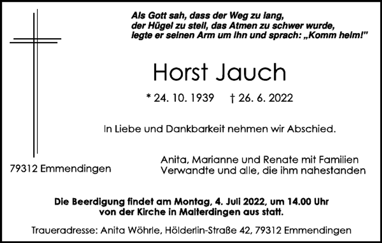 <p>Als Gott sah, dass der Weg zu lang,<br />der Hügel zu steil, das Atmen zu schwer wurde,<br />legte er seinen Arm um ihn und sprach: „Komm heim!"</p>