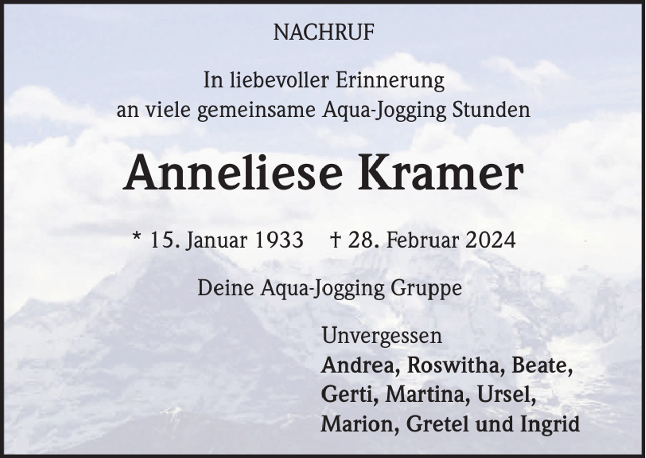 NACHRUF
In liebevoller Erinnerung
an viele gemeinsame Aqua-Jogging Stunden
* 15. Januar 1933 † 28. Februar 2024
Deine Aqua-Jogging Gruppe
Unvergessen
Andrea, Roswitha, Beate,
Gerti, Martina, Ursel,
Marion, Gretel und Ingrid