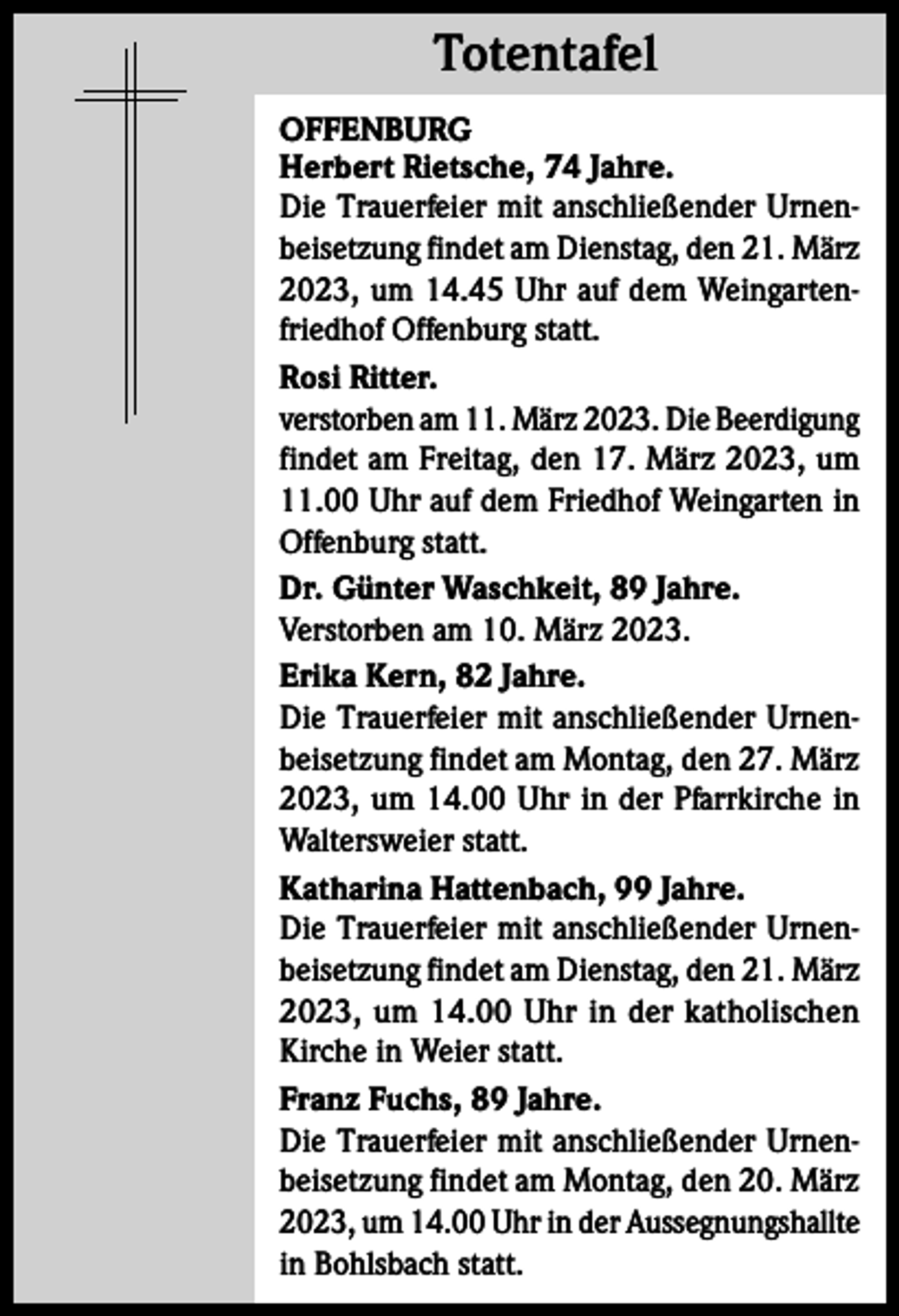 <p>Totentafel<br />Totentafel<br />OFFENBURG<br />Herbert Rietsche, 74 Jahre.<br />Die Trauerfeier mit anschließender Urnenbeisetzung findet am Dienstag, den 21. März<br />2023, um 14.45 Uhr auf dem Weingartenfriedhof Offenburg statt.<br />Rosi Ritter.<br />verstorben am 11. März 2023. Die Beerdigung<br />findet am Freitag, den 17. März 2023, um<br />11.00 Uhr auf dem Friedhof Weingarten in<br />Offenburg statt.<br />Dr. Günter Waschkeit, 89 Jahre.<br />Verstorben am 10. März 2023.<br />Erika Kern, 82 Jahre.<br />Die Trauerfeier mit anschließender Urnenbeisetzung findet am Montag, den 27. März<br />2023, um 14.00 Uhr in der Pfarrkirche in<br />Waltersweier statt.<br />Katharina Hattenbach, 99 Jahre.<br />Die Trauerfeier mit anschließender Urnenbeisetzung findet am Dienstag, den 21. März<br />2023, um 14.00 Uhr in der katholischen<br />Kirche in Weier statt.<br />Franz Fuchs, 89 Jahre.<br />Die Trauerfeier mit anschließender Urnenbeisetzung findet am Montag, den 20. März<br />2023, um 14.00 Uhr in der Aussegnungshallte<br />in Bohlsbach statt.</p>