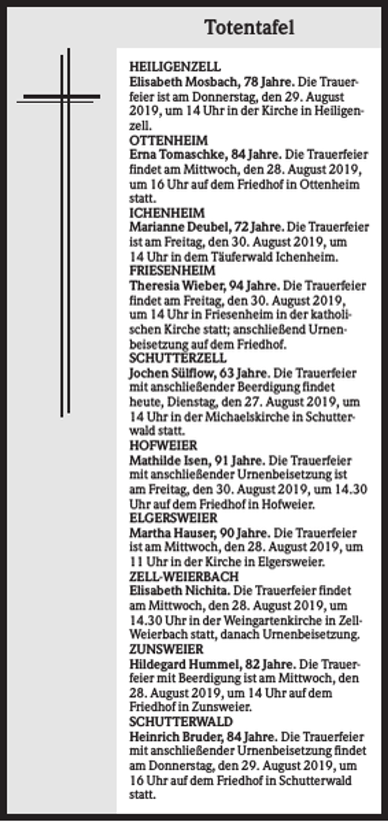 <p>Totentafel<br />HEILIGENZELL<br />Elisabeth Mosbach, 78 Jahre. Die Trauerfeier ist am Donnerstag, den 29. August<br />2019, um 14 Uhr in der Kirche in Heiligenzell.<br />OTTENHEIM<br />Erna Tomaschke, 84 Jahre. Die Trauerfeier<br />findet am Mittwoch, den 28. August 2019,<br />um 16 Uhr auf dem Friedhof in Ottenheim<br />statt.<br />ICHENHEIM<br />Marianne Deubel, 72 Jahre. Die Trauerfeier<br />ist am Freitag, den 30. August 2019, um<br />14 Uhr in dem Täuferwald Ichenheim.<br />FRIESENHEIM<br />Theresia Wieber, 94 Jahre. Die Trauerfeier<br />findet am Freitag, den 30. August 2019,<br />um 14 Uhr in Friesenheim in der katholischen Kirche statt; anschließend Urnenbeisetzung auf dem Friedhof.<br />SCHUTTERZELL<br />Jochen Sülflow, 63 Jahre. Die Trauerfeier<br />mit anschließender Beerdigung findet<br />heute, Dienstag, den 27. August 2019, um<br />14 Uhr in der Michaelskirche in Schutterwald statt.<br />HOFWEIER<br />Mathilde Isen, 91 Jahre. Die Trauerfeier<br />mit anschließender Urnenbeisetzung ist<br />am Freitag, den 30. August 2019, um 14.30<br />Uhr auf dem Friedhof in Hofweier.<br />ELGERSWEIER<br />Martha Hauser, 90 Jahre. Die Trauerfeier<br />ist am Mittwoch, den 28. August 2019, um<br />11 Uhr in der Kirche in Elgersweier.<br />ZELL-WEIERBACH<br />Elisabeth Nichita. Die Trauerfeier findet<br />am Mittwoch, den 28. August 2019, um<br />14.30 Uhr in der Weingartenkirche in ZellWeierbach statt, danach Urnenbeisetzung.<br />ZUNSWEIER<br />Hildegard Hummel, 82 Jahre. Die Trauerfeier mit Beerdigung ist am Mittwoch, den<br />28. August 2019, um 14 Uhr auf dem<br />Friedhof in Zunsweier.<br />SCHUTTERWALD<br />Heinrich Bruder, 84 Jahre. Die Trauerfeier<br />mit anschließender Urnenbeisetzung findet<br />am Donnerstag, den 29. August 2019, um<br />16 Uhr auf dem Friedhof in Schutterwald<br />statt.</p>