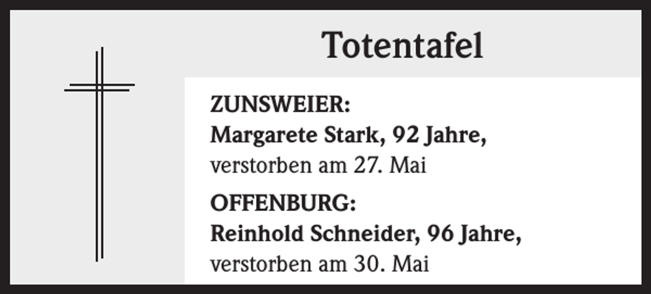 <p>Totentafel<br />ZUNSWEIER:<br />Margarete Stark, 92 Jahre,<br />verstorben am 27. Mai<br />OFFENBURG:<br />Reinhold Schneider, 96 Jahre,<br />verstorben am 30. Mai</p>