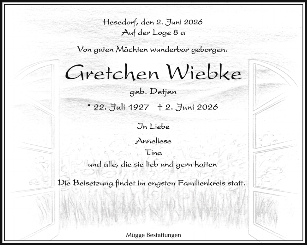 <p>Gretchen Wiebke</p><p>Mügge Bestattungen</p>