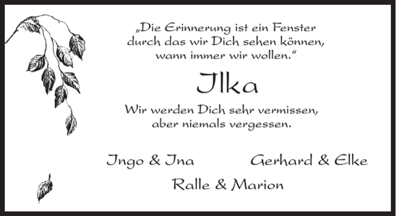 <p>„Die Erinnerung ist ein Fenster<br />durch das wir Dich sehen können,<br />wann immer wir wollen.“</p><p>Ilka<br />Wir werden Dich sehr vermissen,<br />aber niemals vergessen.</p><p>Ingo &amp; Ina<br />Gerhard &amp; Elke<br />Ralle &amp; Marion</p>
