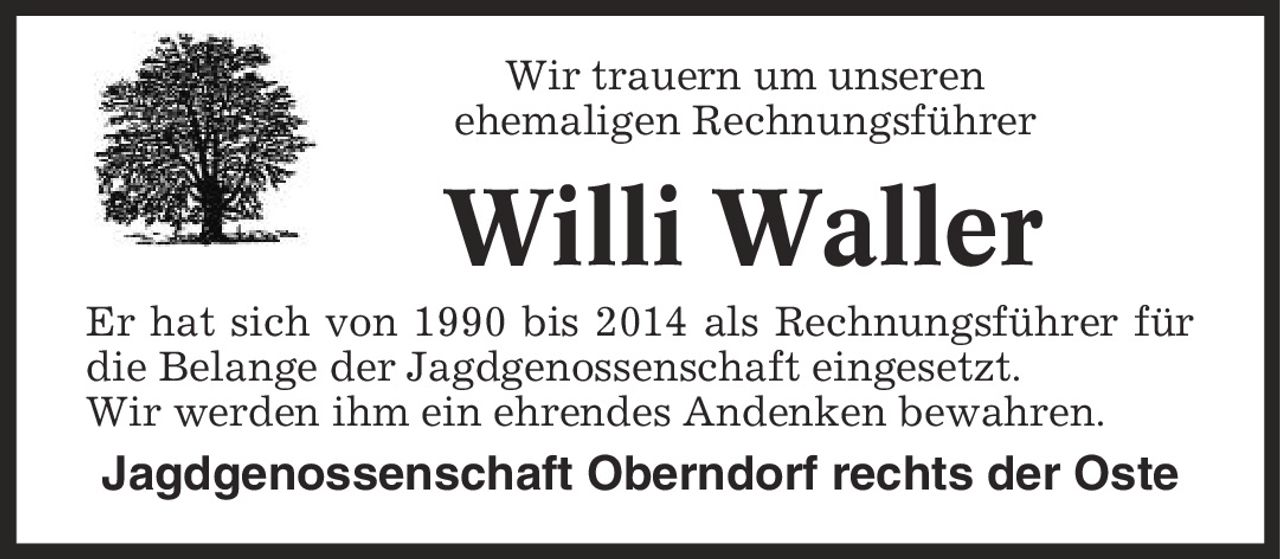 Wir trauern um unseren ehemaligen Rechnungsführer Willi Waller Er hat sich von 1990 bis 2014 als Rechnungsführer für die Belange der Jagdgenossenschaft eingesetzt. Wir werden ihm ein ehrendes Andenken bewahren. Jagdgenossenschaft Oberndorf rechts der Oste