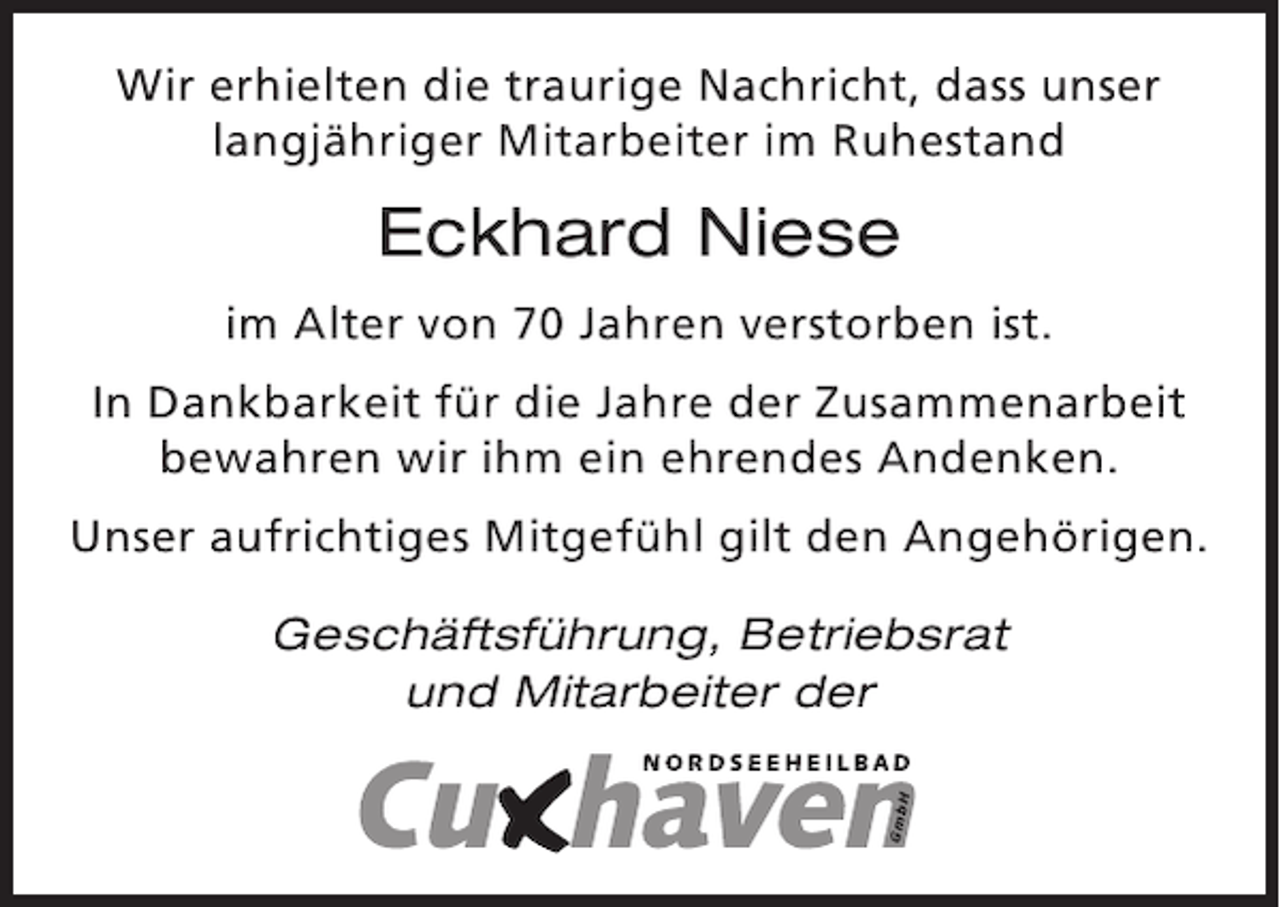 <p>Wir erhielten die traurige Nachricht, dass unser<br />langjähriger Mitarbeiter im Ruhestand</p><p>Eckhard Niese<br />im Alter von 70 Jahren verstorben ist.<br />In Dankbarkeit für die Jahre der Zusammenarbeit<br />bewahren wir ihm ein ehrendes Andenken.<br />Unser aufrichtiges Mitgefühl gilt den Angehörigen.<br />Geschäftsführung, Betriebsrat<br />und Mitarbeiter der</p>