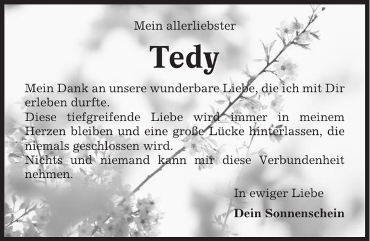 <p>Mein allerliebster</p><p>Tedy<br />Mein Dank an unsere wunderbare Liebe, die ich mit Dir<br />erleben durfte.<br />Diese tiefgreifende Liebe wird immer in meinem<br />Herzen bleiben und eine große Lücke hinterlassen, die<br />niemals geschlossen wird.<br />Nichts und niemand kann mir diese Verbundenheit<br />nehmen.<br />In ewiger Liebe<br />Dein Sonnenschein</p>