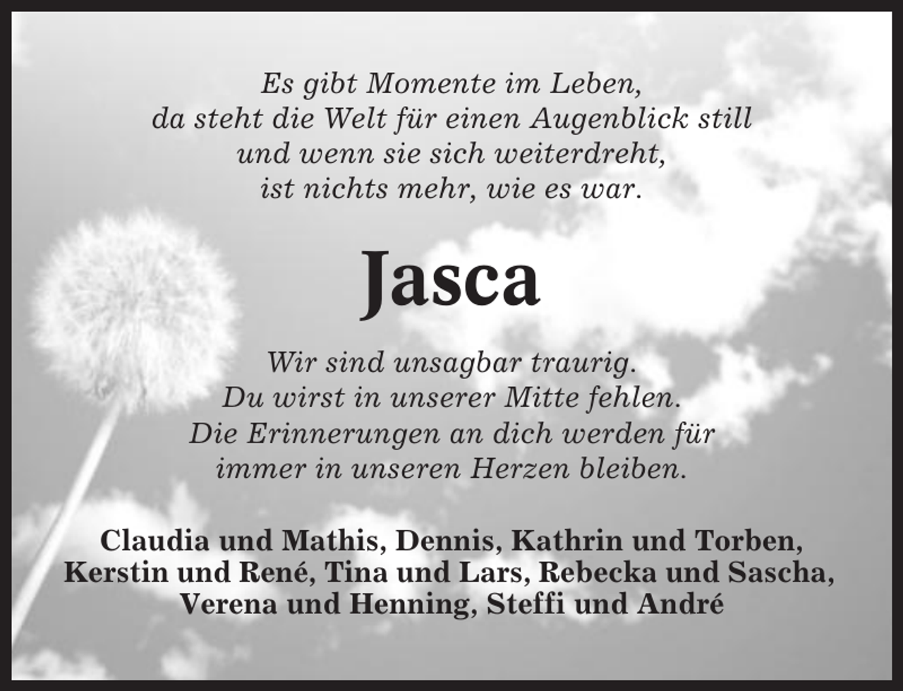 <p>Es gibt Momente im Leben,<br />da steht die Welt für einen Augenblick still<br />und wenn sie sich weiterdreht,<br />ist nichts mehr, wie es war.</p><p>Jasca<br />Wir sind unsagbar traurig.<br />Du wirst in unserer Mitte fehlen.<br />Die Erinnerungen an dich werden für<br />immer in unseren Herzen bleiben.<br />Claudia und Mathis, Dennis, Kathrin und Torben,<br />Kerstin und René, Tina und Lars, Rebecka und Sascha,<br />Verena und Henning, Steffi und André</p>
