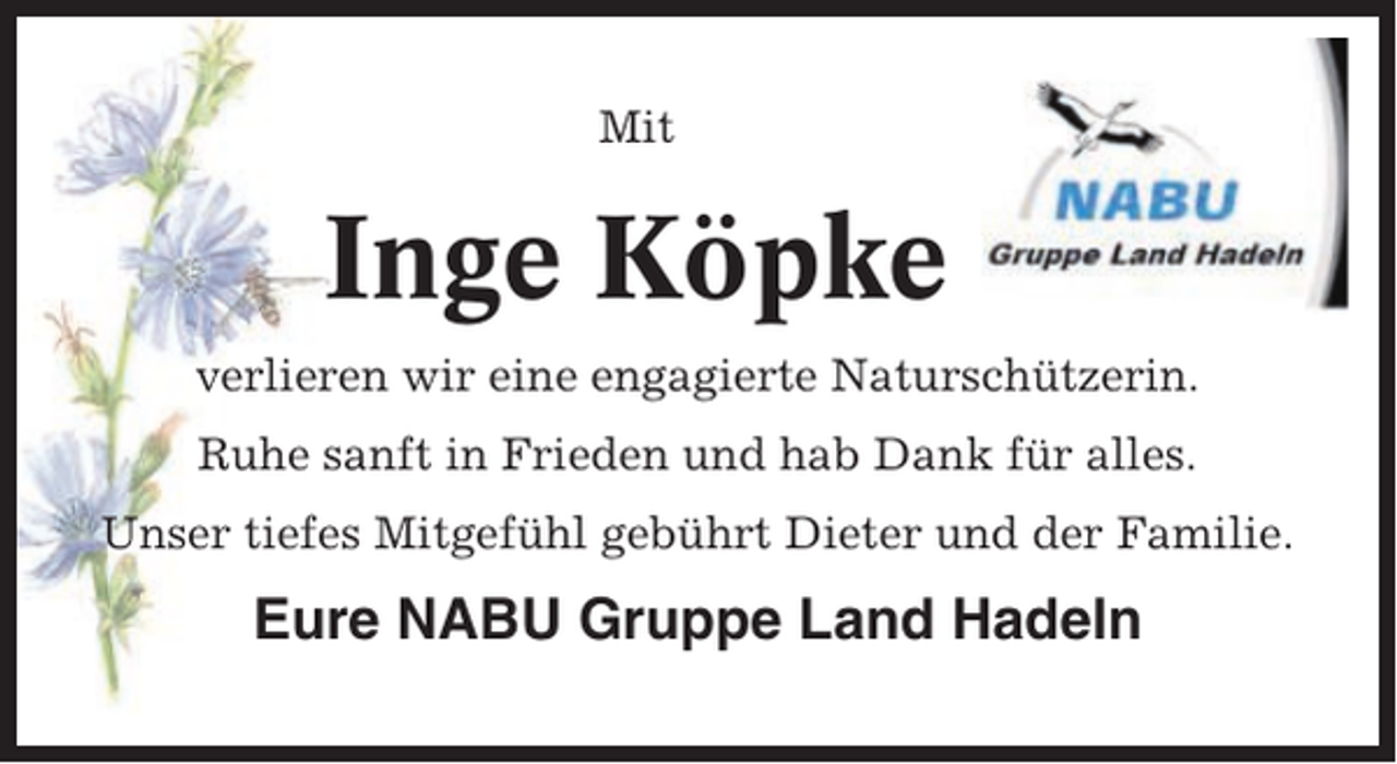 <p>Mit</p><p>Inge Köpke<br />verlieren wir eine engagierte Naturschützerin.<br />Ruhe sanft in Frieden und hab Dank für alles.<br />Unser tiefes Mitgefühl gebührt Dieter und der Familie.</p><p>Eure NABU Gruppe Land Hadeln</p>