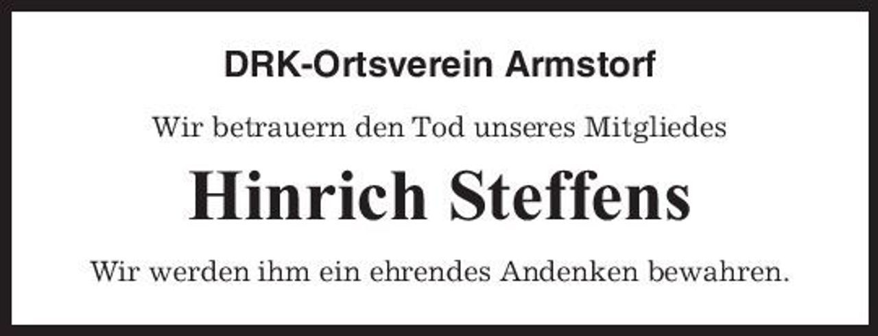 <p>DRK-Ortsverein Armstorf<br />Wir betrauern den Tod unseres Mitgliedes</p><p>Hinrich Steffens<br />Wir werden ihm ein ehrendes Andenken bewahren.</p>