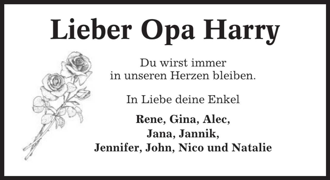 <p>Lieber Opa Harry<br />Du wirst immer<br />in unseren Herzen bleiben.<br />In Liebe deine Enkel<br />Rene, Gina, Alec,<br />Jana, Jannik,<br />Jennifer, John, Nico und Natalie</p>