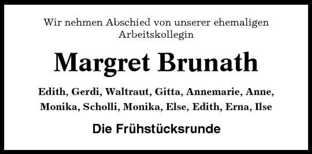 <p>Wir nehmen Abschied von unserer ehemaligen Arbeitskollegin</p><p>Margret Brunath<br />Edith, Gerdi, Waltraut, Gitta, Annemarie, Anne, Monika, Scholli, Monika, Else, Edith, Erna, Ilse</p><p>Die Frühstücksrunde</p>