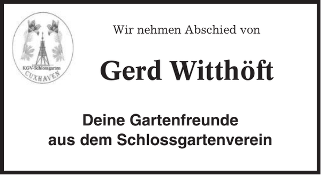 <p>Wir nehmen Abschied von</p><p>Gerd Witthöft<br />Deine Gartenfreunde<br />aus dem Schlossgartenverein</p>