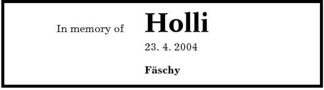 <p>In memory of</p><p>Holli<br />23. 4. 2004 Fäschy</p>