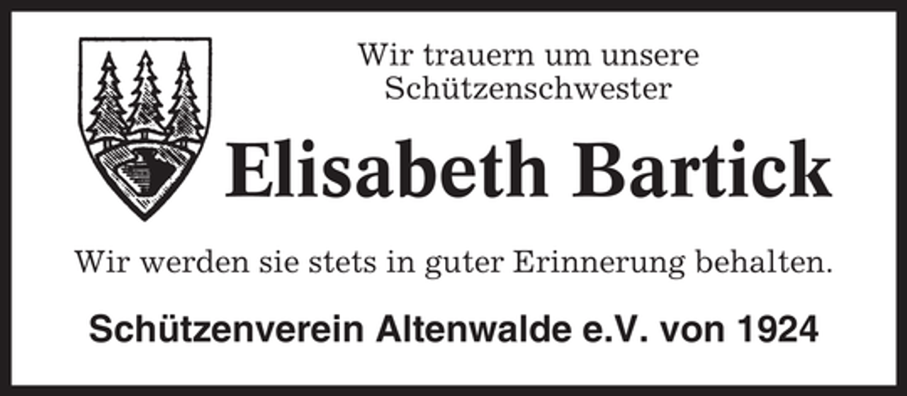 <p>Wir trauern um unsere<br />Schützenschwester</p><p>Elisabeth Bartick<br />Wir werden sie stets in guter Erinnerung behalten.</p><p>Schützenverein Altenwalde e.V. von 1924</p>