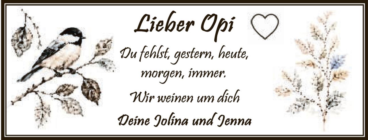 <p>Lieber Opi ♡</p><p>Du fehlst, gestern, heute, morgen, immer.</p><p>Wir weinen um dich</p><p>Deine Jolina und Jenna</p>
