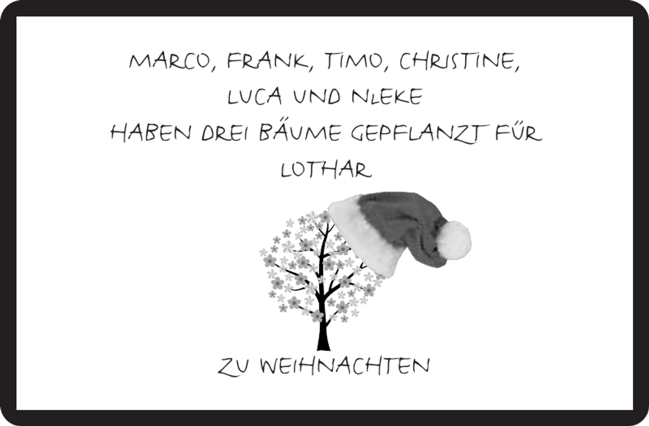 <p>MARCO, FRANK, TIMO, CHRISTINE,<br />LUCA UND NlEKE<br />HABEN DREI BÄUME GEPFLANZT FÜR<br />LOTHAR</p><p>ZU WEIHNACHTEN</p>