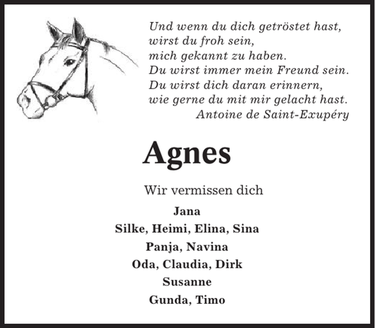 <p>Und wenn du dich getröstet hast,<br />wirst du froh sein,<br />mich gekannt zu haben.<br />Du wirst immer mein Freund sein.<br />Du wirst dich daran erinnern,<br />wie gerne du mit mir gelacht hast.<br />Antoine de Saint-Exupéry</p><p>Agnes<br />Wir vermissen dich<br />Jana<br />Silke, Heimi, Elina, Sina<br />Panja, Navina<br />Oda, Claudia, Dirk<br />Susanne<br />Gunda, Timo</p>