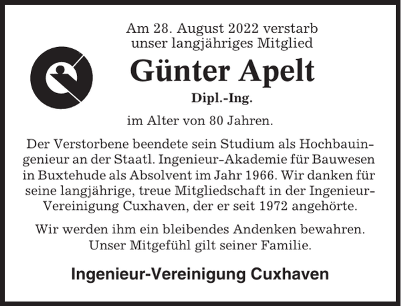 <p>Am 28. August 2022 verstarb<br />unser langjähriges Mitglied</p><p>Günter Apelt<br />Dipl.-Ing.<br />im Alter von 80 Jahren.<br />Der Verstorbene beendete sein Studium als Hochbauingenieur an der Staatl. Ingenieur-Akademie für Bauwesen<br />in Buxtehude als Absolvent im Jahr 1966. Wir danken für<br />seine langjährige, treue Mitgliedschaft in der IngenieurVereinigung Cuxhaven, der er seit 1972 angehörte.<br />Wir werden ihm ein bleibendes Andenken bewahren.<br />Unser Mitgefühl gilt seiner Familie.</p><p>Ingenieur-Vereinigung Cuxhaven</p>