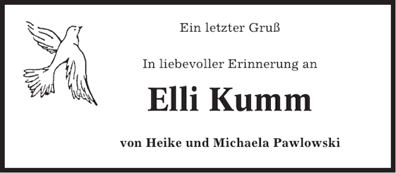 <p>Ein letzter Gruß<br />In liebevoller Erinnerung an</p><p>Elli Kumm<br />von Heike und Michaela Pawlowski</p>