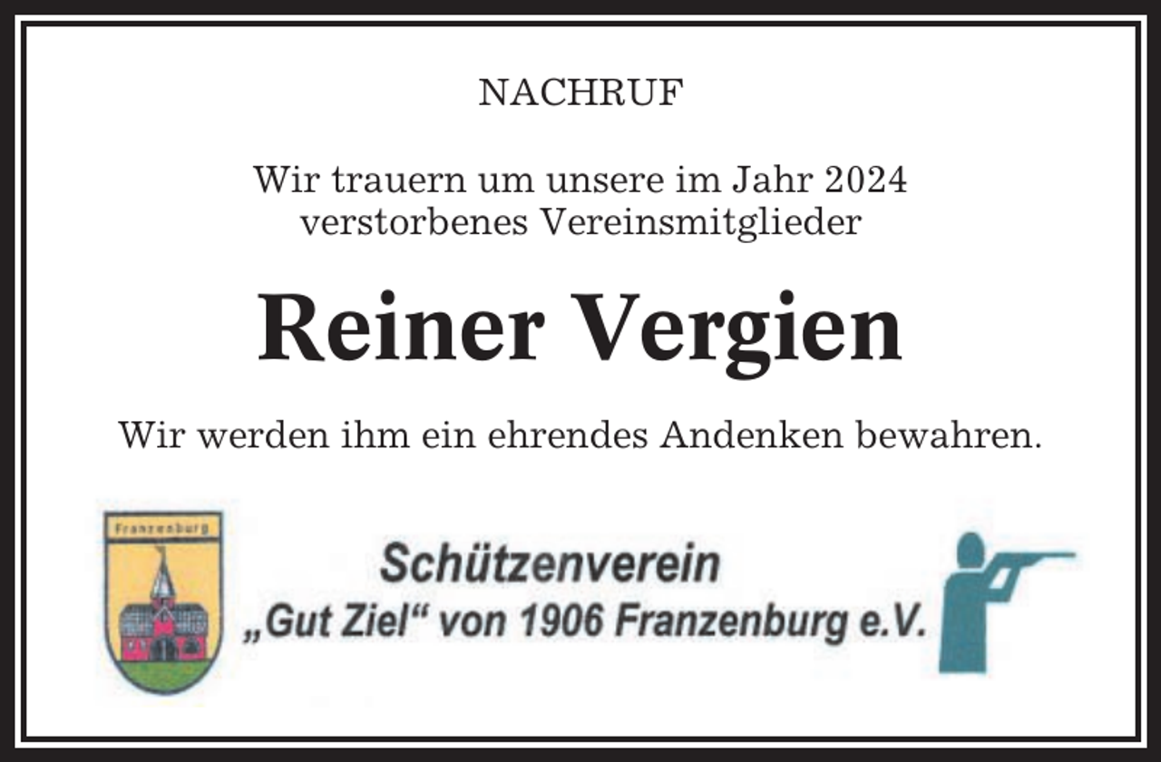 <p>NACHRUF<br />Wir trauern um unsere im Jahr 2024<br />verstorbenes Vereinsmitglieder</p><p>Reiner Vergien<br />Wir werden ihm ein ehrendes Andenken bewahren.</p>
