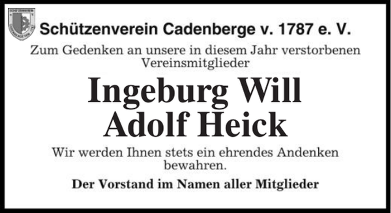 <p>Ingeburg Will<br />Adolf Heick</p>