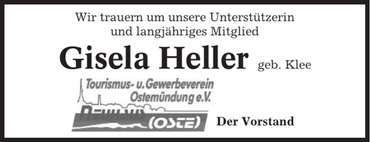 <p>Wir trauern um unsere Unterstützerin<br />und langjähriges Mitglied</p><p>Gisela Heller</p><p>geb. Klee</p><p>Der Vorstand</p>