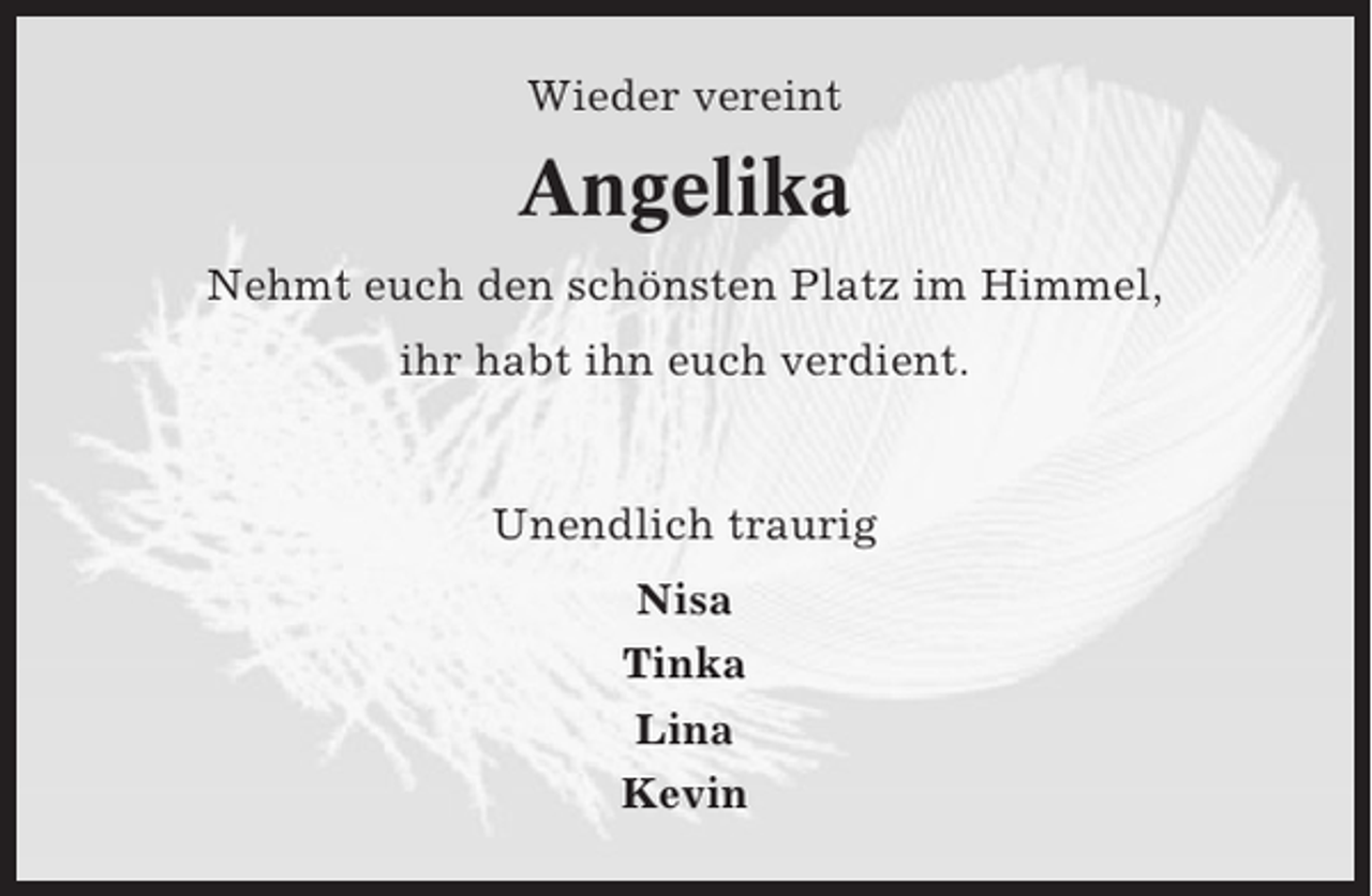 <p>Wieder vereint</p><p>Angelika<br />Nehmt euch den schönsten Platz im Himmel,<br />ihr habt ihn euch verdient.</p><p>Unendlich traurig<br />Nisa<br />Tinka<br />Lina<br />Kevin</p>