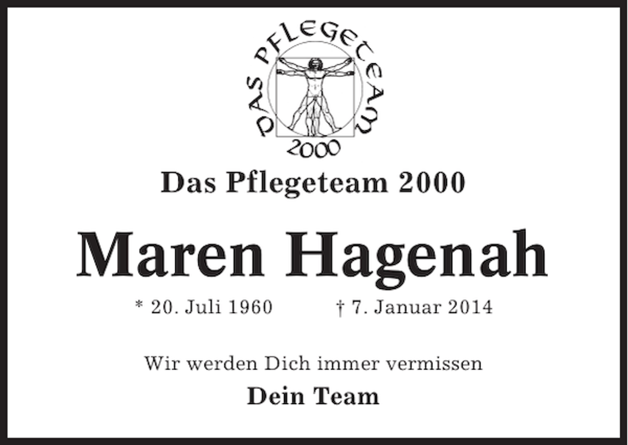 <p>Das Pflegeteam 2000</p><p>Maren Hagenah<br />* 20. Juli 1960</p><p>† 7. Januar 2014</p><p>Wir werden Dich immer vermissen</p><p>Dein Team</p>