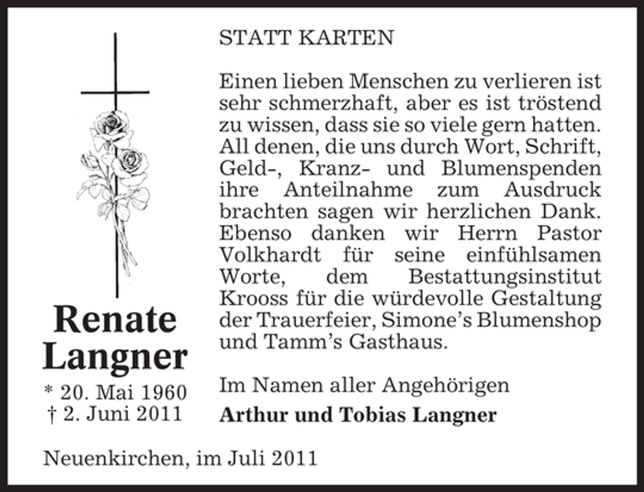 <p>STATT KARTEN</p><p>Renate<br />Langner<br />* 20. Mai 1960<br />† 2. Juni 2011</p><p>Einen lieben Menschen zu verlieren ist<br />sehr schmerzhaft, aber es ist tröstend<br />zu wissen, dass sie so viele gern hatten.<br />All denen, die uns durch Wort, Schrift,<br />Geld-, Kranz- und Blumenspenden<br />ihre Anteilnahme zum Ausdruck<br />brachten sagen wir herzlichen Dank.<br />Ebenso danken wir Herrn Pastor<br />Volkhardt für seine einfühlsamen<br />Worte,<br />dem<br />Bestattungsinstitut<br />Krooss für die würdevolle Gestaltung<br />der Trauerfeier, Simone’s Blumenshop<br />und Tamm’s Gasthaus.<br />Im Namen aller Angehörigen<br />Arthur und Tobias Langner</p><p>Neuenkirchen, im Juli 2011</p>
