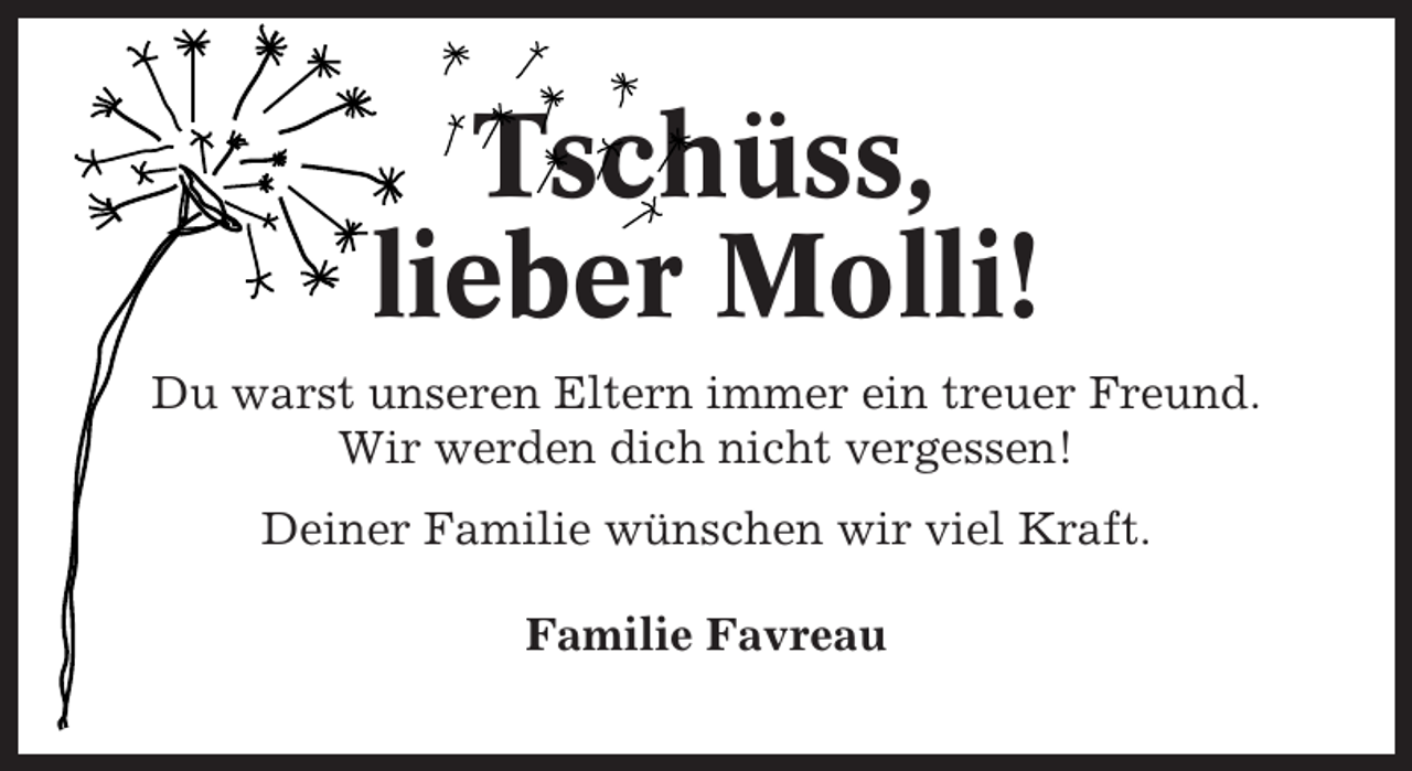 <p>Tschüss,<br />lieber Molli!<br />Du warst unseren Eltern immer ein treuer Freund.<br />Wir werden dich nicht vergessen!<br />Deiner Familie wünschen wir viel Kraft.<br />Familie Favreau</p>
