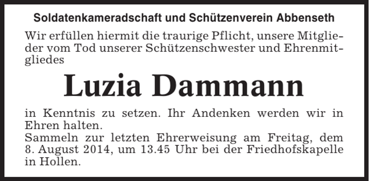 Luzia Dammann | Nach Familienanzeigen suchen - Nachrufe, Traueranzeigen ...