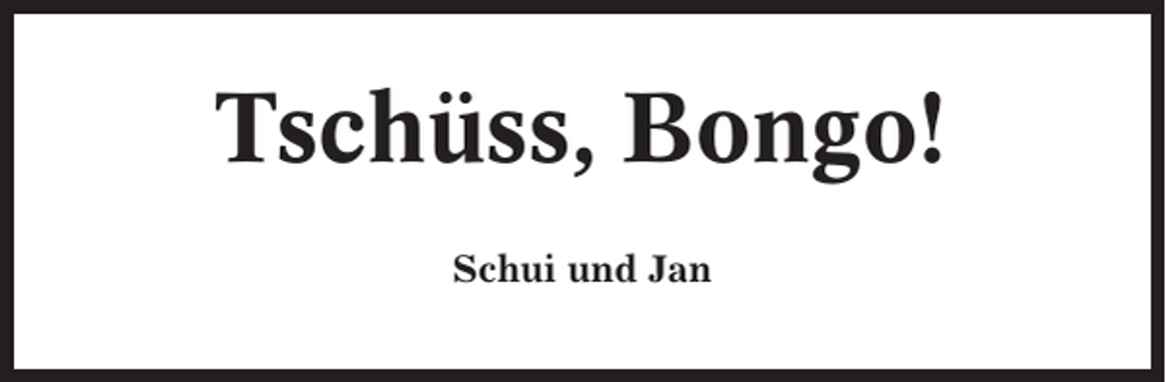 <p>Tschüss, Bongo!<br />Schui und Jan</p>