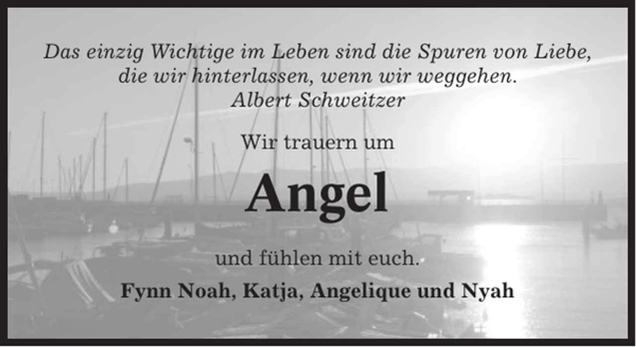 <p>Das einzig Wichtige im Leben sind die Spuren von Liebe,<br />die wir hinterlassen, wenn wir weggehen.<br />Albert Schweitzer<br />Wir trauern um</p><p>Angel<br />und fühlen mit euch.<br />Fynn Noah, Katja, Angelique und Nyah</p>